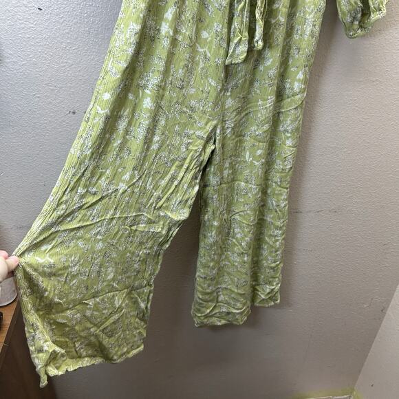Free People Green Wide Leg Cropped Babydoll Deep V Boho Tie Front Jumpsuit XS - Picture 3 of 10